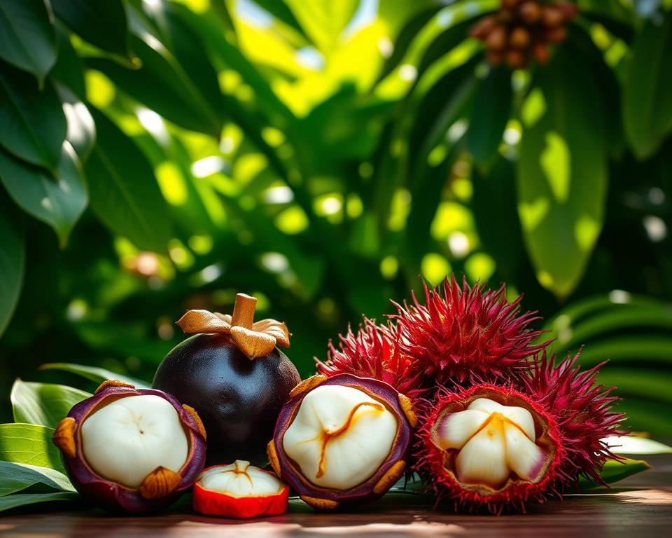 Mangostane und Rambutan tropische Früchte