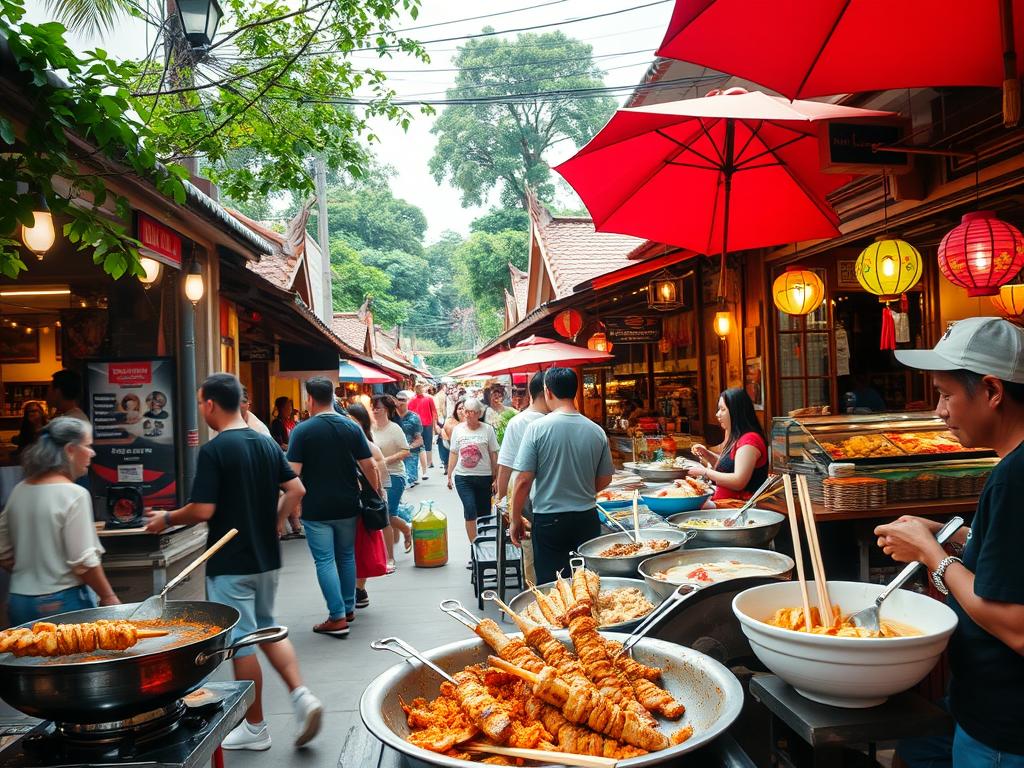 A bustling street scene in a vibrant Thai town, with an array of mouthwatering street food stalls and cozy al fresco restaurants lining the sidewalks. In the foreground, sizzling woks emit aromas of spices and fresh ingredients, while patrons savor skewers of grilled meats and steaming bowls of noodles. In the middle ground, brightly colored umbrellas and hanging lanterns create a lively, festive atmosphere. In the background, traditional Thai architecture and lush greenery set the scene, inviting the viewer to immerse themselves in the captivating culinary culture of Ao Nang. Vibrant yet intimate, this image captures the essence of the region's diverse and delectable dining experiences.