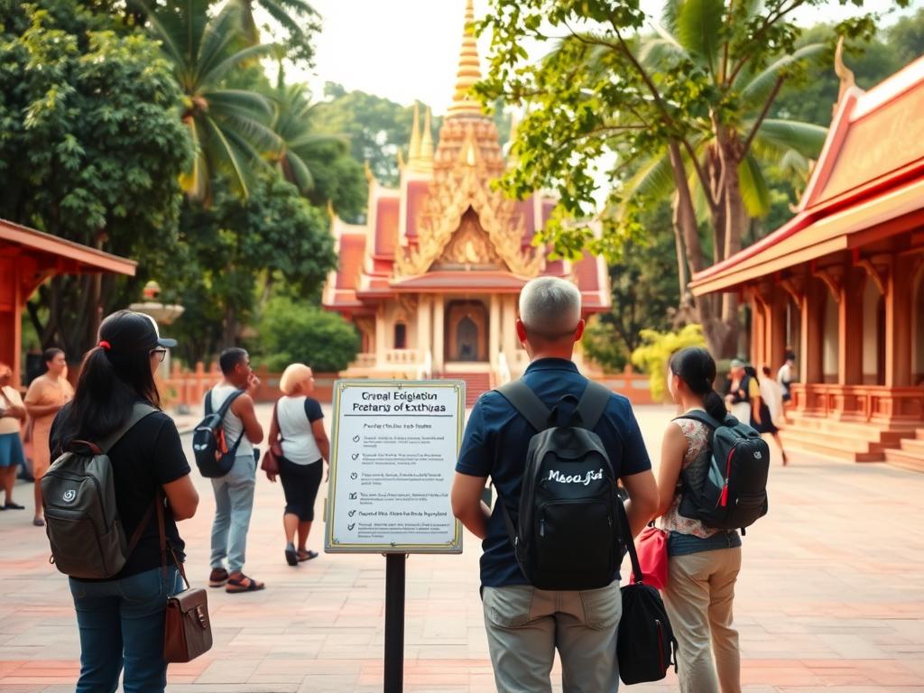 A neatly organized temple courtyard in the historic Thai city of Ayutthaya. In the foreground, a group of respectful visitors carefully observe signage detailing proper etiquette and behavior for exploring the sacred site. The middle ground features the ornate architecture of the temple, its intricate carvings and golden spires bathed in warm, diffused natural lighting. In the background, lush tropical foliage provides a serene backdrop, creating an atmosphere of reverence and cultural appreciation. The overall scene conveys a sense of educational guidance, cultural immersion, and harmonious interaction between modern-day tourists and the preserved historical treasures of this ancient royal capital.