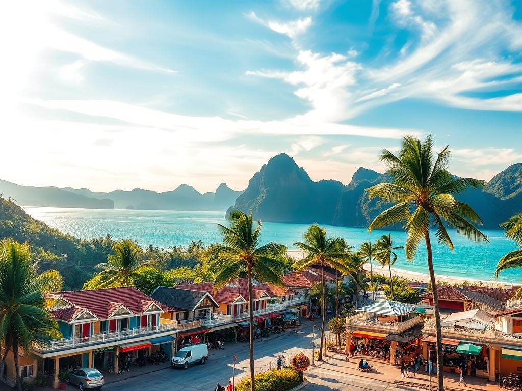 A picturesque coastal town in Thailand, Ao Nang, nestled against a backdrop of lush, verdant hills. In the foreground, a row of charming hotels and resorts, their vibrant facades and inviting entryways beckoning travelers. Lush palm trees sway gently in the breeze, casting dappled shadows across the scene. The midground features a bustling promenade, lined with quaint shops and cafes, where locals and tourists mingle. In the distance, the sparkling turquoise waters of the Andaman Sea stretch out, with picturesque limestone cliffs rising majestically from the horizon. Warm, golden sunlight filters through wispy clouds, creating a serene and inviting atmosphere. This idyllic setting perfectly captures the essence of "Unterkünfte und Hoteltipps" for the Ao Nang region.