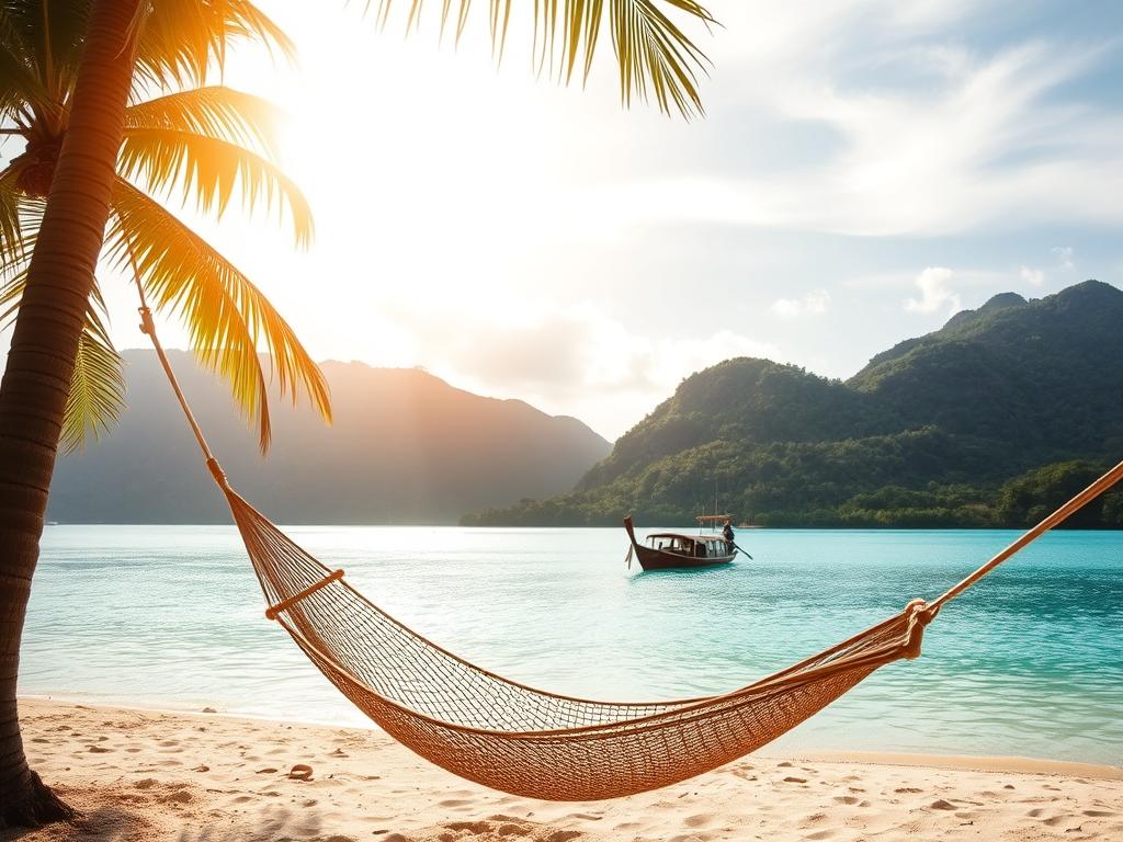 A serene beach scene in Ao Nang, Thailand. In the foreground, a hammock sways gently between two palm trees, inviting relaxation. The middle ground features a tranquil turquoise bay, with a lone longtail boat drifting lazily. In the background, lush, verdant hills rise up, creating a sense of seclusion and privacy. Warm, golden sunlight filters through wispy clouds, casting a soft, calming glow over the entire scene. The atmosphere is one of pure, unbridled tranquility, perfectly capturing the essence of a relaxing stay in this picturesque coastal town.