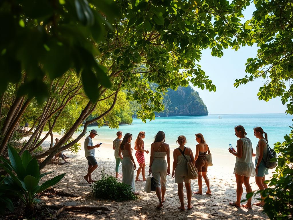 A serene tropical beach in Ao Nang, Thailand, with lush, verdant foliage in the foreground and a clear turquoise sea in the background. Sunlight filters through the canopy, casting a warm, natural glow on the scene. In the middle ground, a group of people engage in eco-friendly activities like beach cleanup, planting mangrove seedlings, or exploring the local wildlife. They wear sustainable, natural-fiber clothing and carry reusable bags and water bottles. The atmosphere conveys a sense of environmental consciousness and responsible tourism, in harmony with the stunning natural surroundings.
