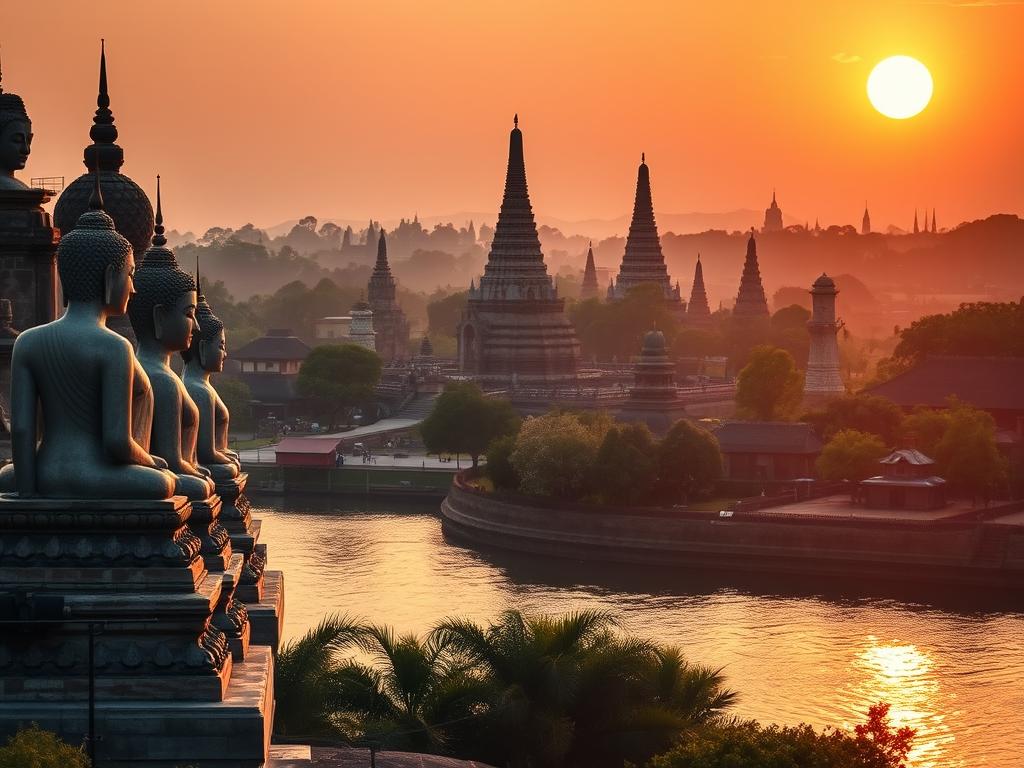 A sweeping vista of Ayutthaya's historic highlights, bathed in the warm glow of the evening sun. In the foreground, the majestic Buddha statues of Wat Phra Mahathat stand tall, their serene expressions reflected in the placid waters surrounding them. In the middle ground, the ornate pagodas and towers of Wat Phra Si Sanphet rise up, their intricate details and weathered facades hinting at the grandeur of this ancient capital. In the background, the silhouettes of more temples and palaces dot the horizon, creating a layered, atmospheric scene that captures the timeless essence of Ayutthaya. The image is shot with a wide-angle lens, emphasizing the scale and scope of this historic landscape, bathed in the golden hour glow and a sense of tranquil contemplation.