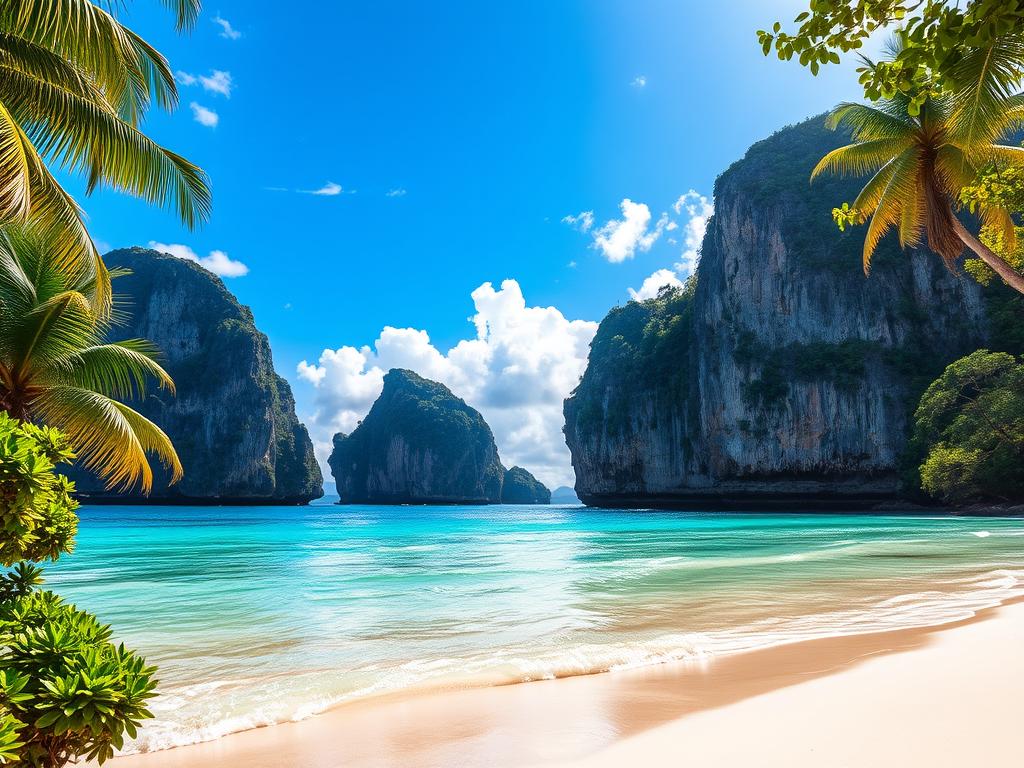 Kalksteinfelsen und Strände Thailand: A scenic landscape featuring towering limestone cliffs jutting out from pristine turquoise waters, framed by swaying palm trees and lush tropical foliage. The sun casts a warm, golden glow over the tranquil beach, where gentle waves lap against the soft, white sand. In the distance, a vibrant blue sky dotted with fluffy white clouds creates a serene, picturesque atmosphere. The overall scene evokes a sense of peaceful relaxation and the allure of a tropical paradise.