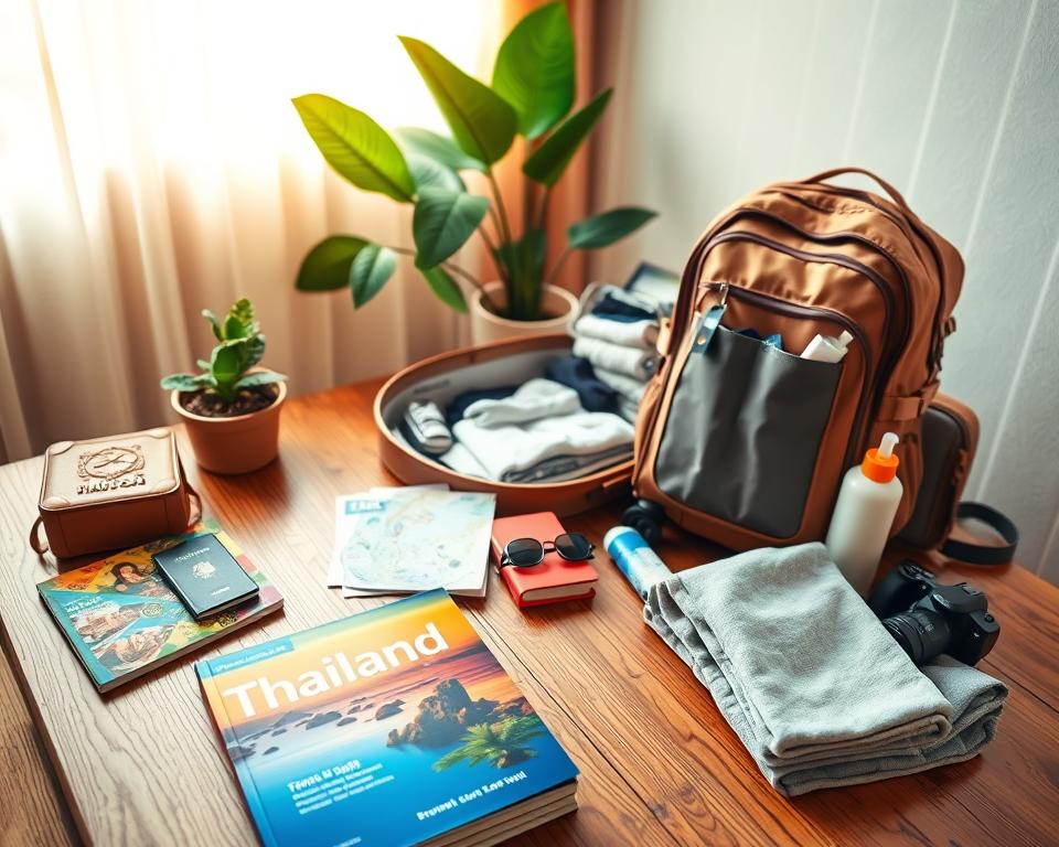 A beautifully arranged travel preparation scene, featuring a wooden table in the foreground overflowing with travel essentials. On the table, a vibrant guidebook about Thailand, colorful passport holders, and neatly folded clothes for tropical weather. A stylish backpack sits partially open, revealing a packed water bottle and a camera. In the middle ground, a cozy suitcase lies ready to be zipped up, surrounded by essential items like sunblock, sunglasses, and a map of Thailand. The background features a sunlight-filled window with sheer curtains, casting a warm, inviting glow over the scene. A plant in a decorative pot adds a tropical touch. The mood is exciting and cheerful, evoking anticipation for a group travel adventure. Use a soft focus lens to create a dreamy effect, with a high angle view to capture all details harmoniously. A beautifully arranged travel preparation scene, featuring a wooden table in the foreground overflowing with travel essentials. On the table, a vibrant guidebook about Thailand, colorful passport holders, and neatly folded clothes for tropical weather. A stylish backpack sits partially open, revealing a packed water bottle and a camera. In the middle ground, a cozy suitcase lies ready to be zipped up, surrounded by essential items like sunblock, sunglasses, and a map of Thailand. The background features a sunlight-filled window with sheer curtains, casting a warm, inviting glow over the scene. A plant in a decorative pot adds a tropical touch. The mood is exciting and cheerful, evoking anticipation for a group travel adventure. Use a soft focus lens to create a dreamy effect, with a high angle view to capture all details harmoniously.