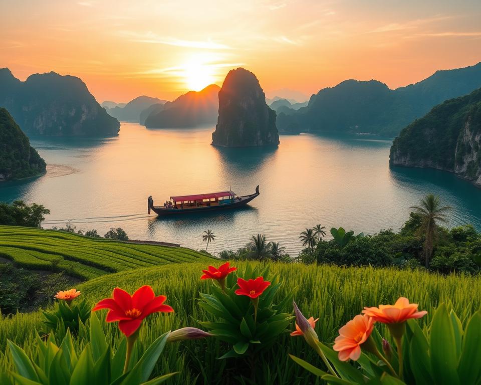 A breathtaking scenic view of Thailand during the ideal travel season, featuring lush green rice terraces and vibrant tropical flowers in the foreground. In the middle ground, a traditional Thai long-tail boat glides peacefully across a tranquil, crystal-clear bay, surrounded by limestone cliffs. The background reveals a stunning sunset, casting warm golden and orange hues across the sky, reflecting on the water. The image should have a soft, inviting atmosphere, evoking a sense of adventure and tranquility. Use natural lighting to enhance the colors and create depth. Capture this moment from a slightly elevated angle to provide a sweeping perspective of the picturesque landscape, emphasizing the beauty of Thailand as a perfect group travel destination. A breathtaking scenic view of Thailand during the ideal travel season, featuring lush green rice terraces and vibrant tropical flowers in the foreground. In the middle ground, a traditional Thai long-tail boat glides peacefully across a tranquil, crystal-clear bay, surrounded by limestone cliffs. The background reveals a stunning sunset, casting warm golden and orange hues across the sky, reflecting on the water. The image should have a soft, inviting atmosphere, evoking a sense of adventure and tranquility. Use natural lighting to enhance the colors and create depth. Capture this moment from a slightly elevated angle to provide a sweeping perspective of the picturesque landscape, emphasizing the beauty of Thailand as a perfect group travel destination.