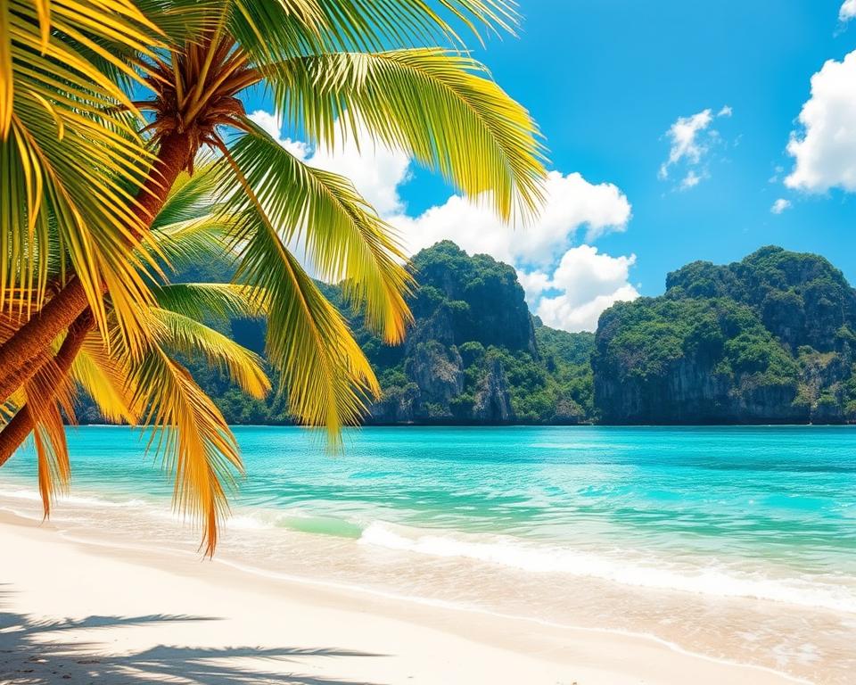 A breathtaking tropical scene showcasing the beautiful islands of Thailand during the best travel times. In the foreground, vibrant green palm trees sway gently, framing a serene beach with soft, white sand. The middle ground features crystal-clear turquoise waters, where gentle waves lap against the shore, reflecting the brilliant blue sky dotted with fluffy white clouds. In the background, picturesque limestone cliffs rise dramatically, partially shrouded in lush greenery. The scene is illuminated by warm, golden sunlight, casting a peaceful glow and enhancing the inviting atmosphere of a tropical paradise. The image captures a sense of tranquility and adventure, ideal for travelers exploring Thailand's stunning islands.