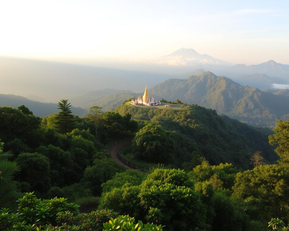 A breathtaking view of Doi Suthep-Pui National Park, showcasing lush, vibrant greenery in the foreground with a winding hiking trail that meanders through the dense forest. In the middle ground, majestic mountains rise, partially shrouded in soft morning mist, creating a serene and tranquil atmosphere. The background features the iconic Wat Phra That Doi Suthep temple, nestled against the mountainside, its golden stupa gleaming in the diffused sunlight. Capture this scene during the golden hour, emphasizing warm hues and gentle shadows. Use a wide-angle lens to emphasize the depth of the landscape and a slight elevation angle to showcase the majestic height of the mountains. The overall mood is peaceful and inviting, inviting exploration and adventure.