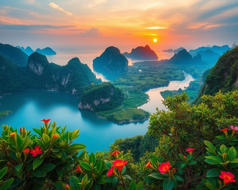 A breathtaking view of Khao Sam Roi Yot National Park in Thailand. In the foreground, lush green mangroves gently sway in the breeze, dotted with vibrant tropical flowers. The middle ground features majestic limestone cliffs rising dramatically from the tranquil blue waters of the Gulf of Thailand, along with a meandering river reflecting the bright sun. In the background, a stunning sunset paints the sky in shades of orange, pink, and purple, casting a warm glow across the landscape. The scene is captured from a slightly elevated angle, emphasizing the park's natural beauty and vastness. Soft, diffused lighting creates a serene and adventurous atmosphere, inviting viewers to explore this exclusive paradise.
