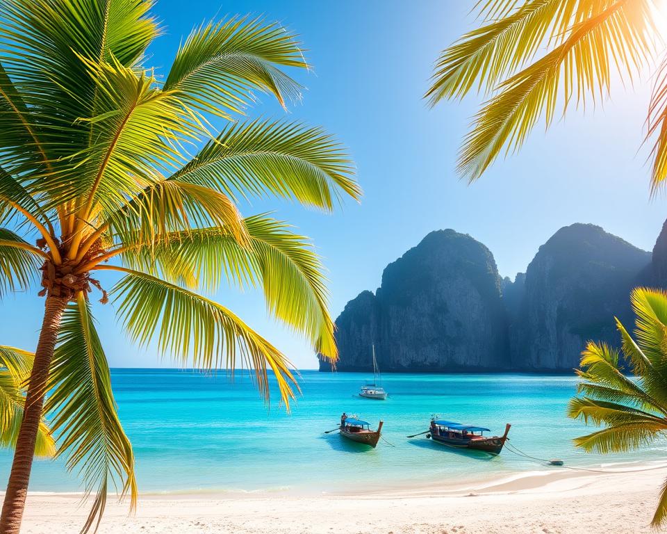 A breathtaking view of Koh Phi Phi’s beaches under a clear blue sky, showcasing the stunning turquoise waters lapping against fine white sand. In the foreground, vibrant green palm trees sway gently in a light tropical breeze, framing the scene. The middle ground features a small cluster of traditional long-tail boats anchored near the shore, emphasizing the serene coastal vibe. In the background, steep limestone cliffs rise dramatically from the ocean, their rugged textures softened by the warm, golden light of late afternoon sun, casting long shadows on the beach. The atmosphere is tranquil yet vibrant, inviting viewers to imagine the peaceful escape of this Thai paradise.