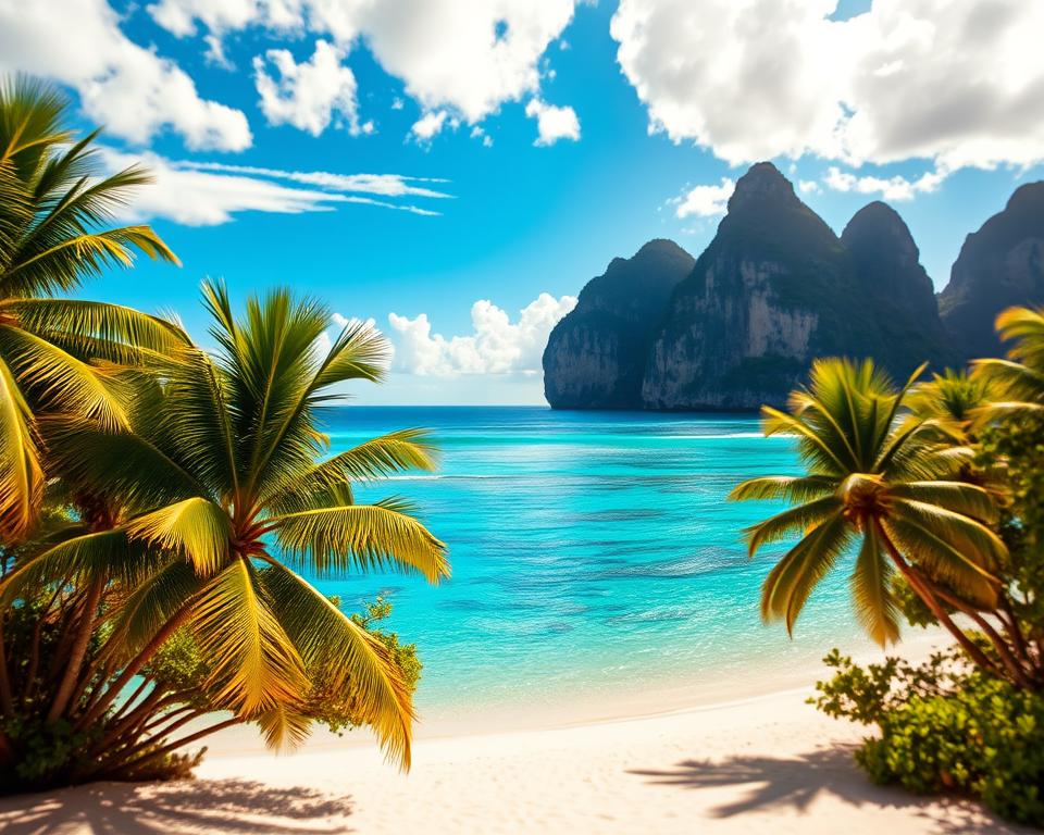 A breathtaking view of Thailand's most beautiful island, showcasing a pristine white sand beach in the foreground, dotted with lush green palm trees gently swaying in the breeze. In the middle ground, vibrant turquoise waters shimmer under the warm sunlight, with intricate coral formations visible beneath the surface. The background features majestic limestone cliffs rising dramatically against a clear blue sky, scattered with fluffy white clouds, creating a serene and tranquil atmosphere. The scene should convey a sense of paradise, emphasizing the island's natural beauty and inviting ambiance. The lighting should be soft and warm, mimicking the golden hour, while a shallow depth of field focuses on the beach, bringing a dreamy quality to the image.