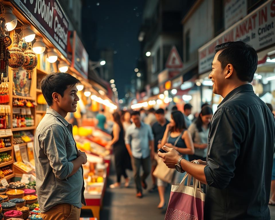 A bustling Bangkok night market scene, vividly capturing the essence of haggling. In the foreground, a confident shopper in casual but neat clothing engages with a friendly vendor, showcasing a vibrant array of handcrafted goods and colorful trinkets. The middle ground features rows of stalls lit with warm, inviting lights, displaying food items, textiles, and handicrafts that create a feast for the eyes. The background reveals the lively ambience of the market with blurred silhouettes of other shoppers and vendors, under a twinkling starlit sky. The atmosphere is filled with excitement and energy, emphasizing respect and enthusiasm in the exchange between buyer and seller. Shot using a wide-angle lens to capture the full depth of the market’s vibrancy, focusing on rich colors and dynamic interactions.