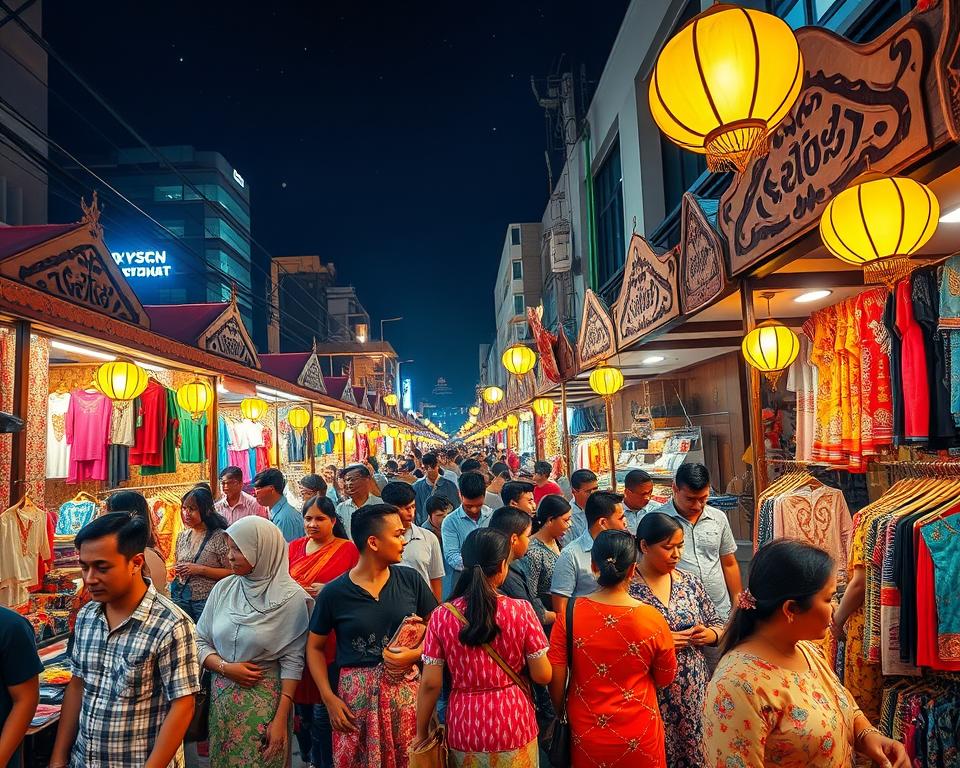 A bustling Bangkok night market scene, with vibrant stalls adorned with colorful clothing and traditional fabrics. In the foreground, showcase a diverse group of visitors, including people wearing modest casual clothing and brightly patterned Asian attire, browsing through unique garments. The middle ground features intricately designed market stalls, illuminated by warm, inviting lantern light, displaying a variety of local wear and accessories. In the background, capture the essence of a busy street filled with locals and tourists, all under a starry sky adding a touch of magic. Use a wide-angle view to convey depth and activity, emphasizing a lively yet respectful atmosphere. The overall mood should feel inviting, colorful, and culturally rich, highlighting the fusion of tradition and modernity in Bangkok's night markets.