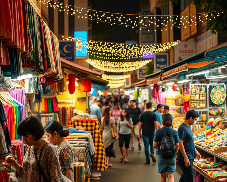 A bustling night market in Bangkok, filled with vibrant stalls displaying a variety of colorful fashion items, unique handmade crafts, and local souvenirs. In the foreground, a vendor showcases intricately designed textiles, with shoppers browsing closely. In the middle ground, local artisans craft items, creating an authentic atmosphere, with twinkling fairy lights illuminating the scene. The background reveals lively marketgoers strolling through rows of stalls against a warm, inviting night sky. Capture this lively ambiance with soft, warm lighting, a slightly elevated angle to encompass the market's depth, using a shallow depth of field to focus on the stalls while creating a bokeh effect on the crowd. The overall mood is festive and inviting, evoking the excitement of shopping in Bangkok's dynamic night scene.