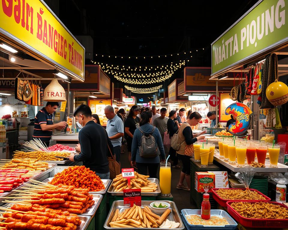 A bustling night market scene in Bangkok, showcasing vibrant stalls filled with a variety of delicious street food and unique handicrafts. In the foreground, an array of colorful dishes like grilled skewers, spicy noodles, and fresh fruit juices are artfully displayed. In the middle ground, shoppers explore the stalls, some haggling with vendors, while others delight in sampling local delicacies. The background features the twinkling lights and aromatic wafts of the market under a starry sky, creating an inviting and lively atmosphere. Soft, warm lighting enhances the rich colors of the food and the excitement of the market experience, captured from a slightly elevated angle to encompass the full vibrancy of the scene.