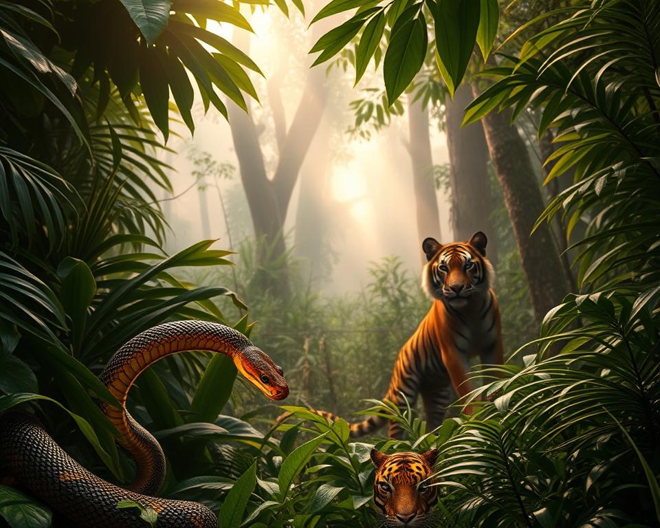 A dense, tropical jungle in Thailand, featuring a variety of dangerous animals. In the foreground, a strikingly vivid king cobra coiled and poised to strike, its scales glistening under dappled sunlight. Nearby, a stealthy monitor lizard peeks out from behind thick, lush foliage. In the middle ground, a majestic Bengal tiger prowls cautiously, its piercing gaze focused on the scene, surrounded by an abundance of colorful yet menacing flora. The background reveals towering trees shrouded in mist, creating an atmosphere of intensity and caution. The lighting is warm, filtering through the leaves, casting dramatic shadows. The scene captures the exotic danger and beauty of Thailand’s wildlife, evoking curiosity and respect.