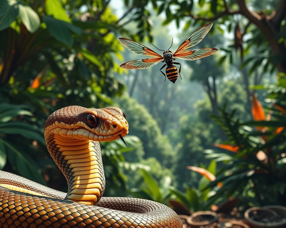 A detailed illustration of dangerous animals in Thailand, featuring a king cobra coiled in the foreground, showcasing its menacing posture and intricate scale patterns. In the middle ground, a large, colorful Thai hornet hovers, its wings glinting in the sunlight, surrounded by lush tropical foliage. In the background, the dense jungles of Thailand stretch out with shadows of towering trees and hints of exotic plants. The lighting is bright and natural, casting dynamic shadows that enhance the texture of the animals and vegetation. The atmosphere is both vibrant and slightly foreboding, highlighting the beauty and danger of Thailand's wildlife. The scene is captured from a slightly low angle, emphasizing the dominance of the animals within their environment, creating an engaging and informative visual representation.