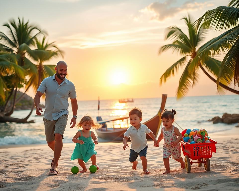 A joyful family with young children enjoying a fun day in Thailand's nature. In the foreground, a smiling couple guides their two excited toddlers who are playing with colorful beach toys on a sandy shore. In the middle ground, a vibrant scene features lush green palm trees and crystal-clear water sparkling in the sunlight. A gentle breeze creates a playful atmosphere, with a traditional Thai long-tail boat anchored nearby. The background showcases a stunning sunset over the ocean, casting warm golden hues across the sky. The scene evokes a sense of adventure and serenity, perfect for family-friendly experiences. Soft lighting enhances the mood, suggesting a peaceful, stress-free day spent in the beauty of Thailand.