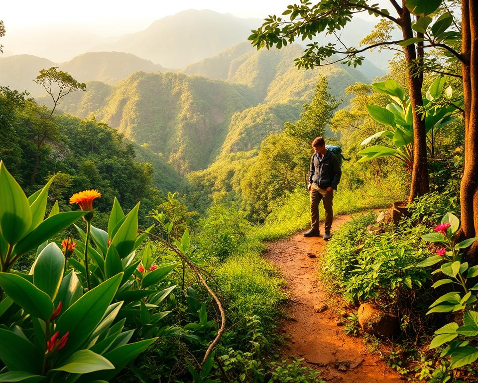 A lush trail winding through the dense greenery of Khao Yai National Park in Thailand, showcasing vibrant tropical foliage and diverse plant life in the foreground. In the middle ground, a narrow, well-trodden path leads deeper into the forest, with occasional glimpses of bright wildflowers and textured tree trunks on either side. The background reveals towering ridges of verdant hills, shrouded in soft morning mist, creating a serene atmosphere. Golden sunlight filters through the leaves, casting playful shadows on the trail. A professional hiker, dressed in modest outdoor clothing, stands at the trail's fork, contemplating the various trekking options available, adding a sense of adventure to the scene. The overall mood is peaceful and inviting, capturing the essence of exploring scenic trails in a natural paradise. A lush trail winding through the dense greenery of Khao Yai National Park in Thailand, showcasing vibrant tropical foliage and diverse plant life in the foreground. In the middle ground, a narrow, well-trodden path leads deeper into the forest, with occasional glimpses of bright wildflowers and textured tree trunks on either side. The background reveals towering ridges of verdant hills, shrouded in soft morning mist, creating a serene atmosphere. Golden sunlight filters through the leaves, casting playful shadows on the trail. A professional hiker, dressed in modest outdoor clothing, stands at the trail's fork, contemplating the various trekking options available, adding a sense of adventure to the scene. The overall mood is peaceful and inviting, capturing the essence of exploring scenic trails in a natural paradise.