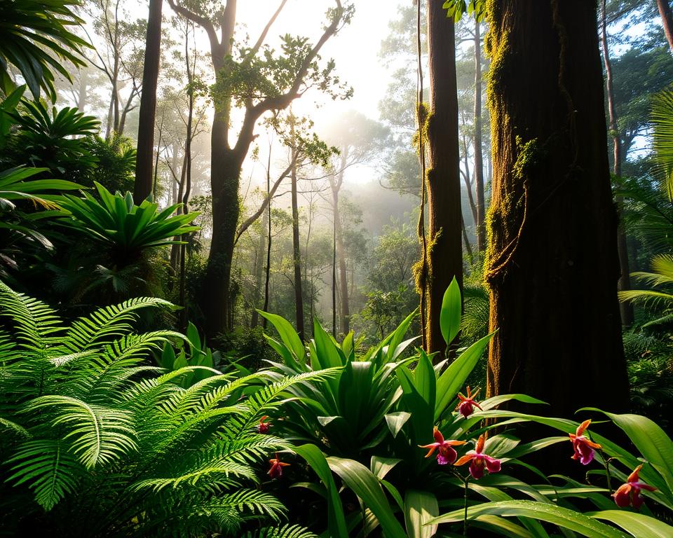 A lush tropical rainforest scene in Khao Yai, Thailand, showcasing a rich diversity of plant life. In the foreground, vibrant green ferns and colorful orchids flourish, with glistening droplets of dew on their leaves. The middle ground features towering teak and dipterocarp trees, their thick trunks draped in thick vines and moss, creating a sense of age and vitality. In the background, a misty horizon shrouds more distant trees, allowing soft rays of sunlight to filter through the foliage, casting dappled shadows on the forest floor. The lighting is warm and inviting, evoking a serene and tranquil atmosphere, perfect for exploring nature. The angle captures a slight upward perspective, emphasizing the height of the trees and the layered beauty of this enchanting ecosystem. A lush tropical rainforest scene in Khao Yai, Thailand, showcasing a rich diversity of plant life. In the foreground, vibrant green ferns and colorful orchids flourish, with glistening droplets of dew on their leaves. The middle ground features towering teak and dipterocarp trees, their thick trunks draped in thick vines and moss, creating a sense of age and vitality. In the background, a misty horizon shrouds more distant trees, allowing soft rays of sunlight to filter through the foliage, casting dappled shadows on the forest floor. The lighting is warm and inviting, evoking a serene and tranquil atmosphere, perfect for exploring nature. The angle captures a slight upward perspective, emphasizing the height of the trees and the layered beauty of this enchanting ecosystem.