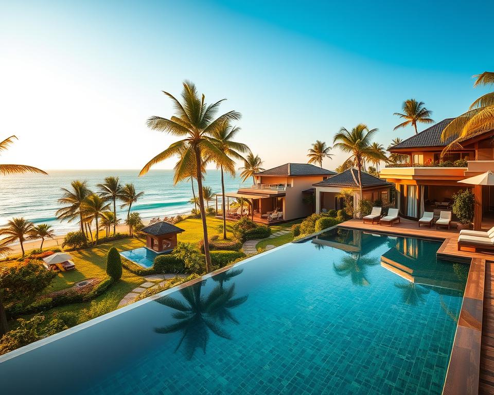 A luxurious resort in Hua Hin, Thailand, featuring elegant beachfront villas surrounded by lush tropical gardens and swaying palm trees. In the foreground, a serene infinity pool reflects the soft golden light of the late afternoon sun, inviting relaxation. The middle ground showcases beautifully designed villa structures with modern, open-air architecture and tasteful outdoor furniture, creating an inviting atmosphere. In the background, the vibrant blue ocean meets the sky, with gentle waves lapping at the shore. The scene is bathed in warm, calming lighting, evoking a sense of tranquility and exclusivity. Capture the essence of a stylish getaway, emphasizing opulence and comfort while maintaining a professional and serene mood. Ensure there are no people in the scene, focusing solely on the stunning architecture and natural beauty.