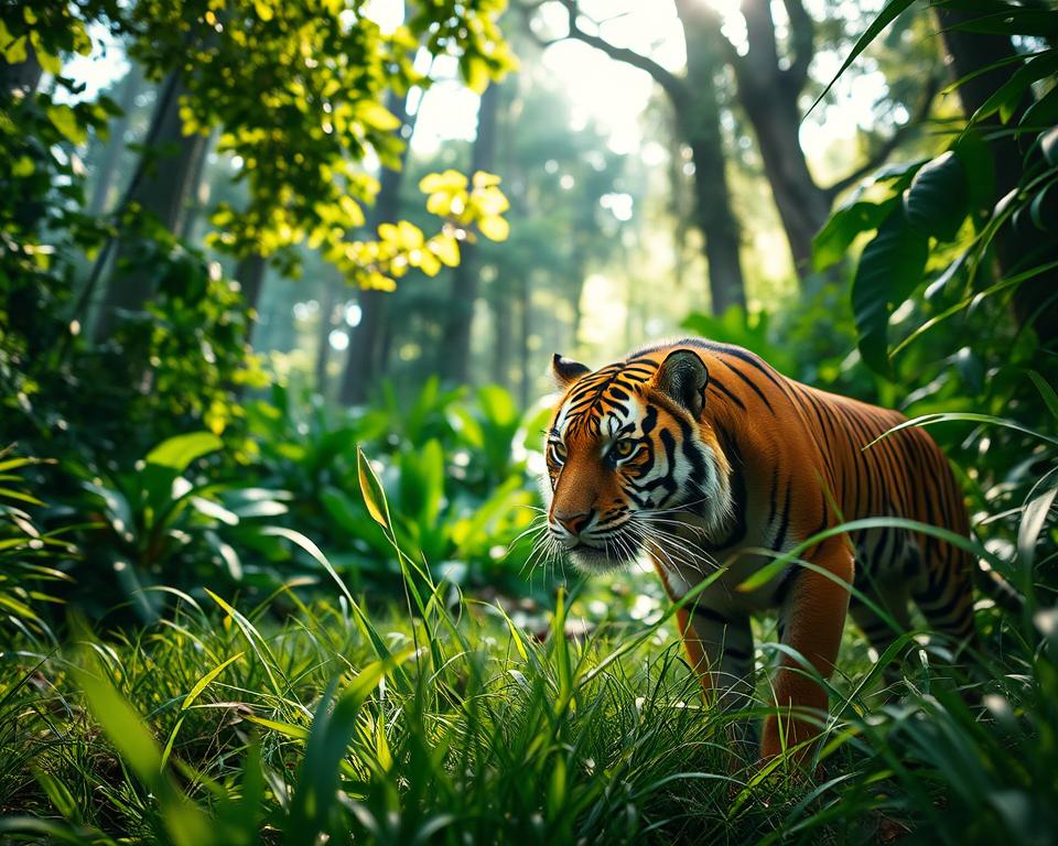 A majestic tiger prowls through the dense jungles of Thailand, featuring vibrant green foliage and dappled sunlight filtering through the canopy above. In the foreground, the tiger is crouching low, its intense amber eyes focused intently on something in the distance, showcasing its powerful muscles and striking orange and black stripes. In the middle ground, lush underbrush and tall grass surround the majestic creature, adding depth to the scene. The background reveals towering trees, with the sunlight creating a warm, golden glow that enhances the mood of the lush environment. Capture the moment with a shallow depth of field to emphasize the tiger while softly blurring the surroundings. The atmosphere is one of tension and anticipation, highlighting the untamed beauty and power of one of nature’s greatest predators.