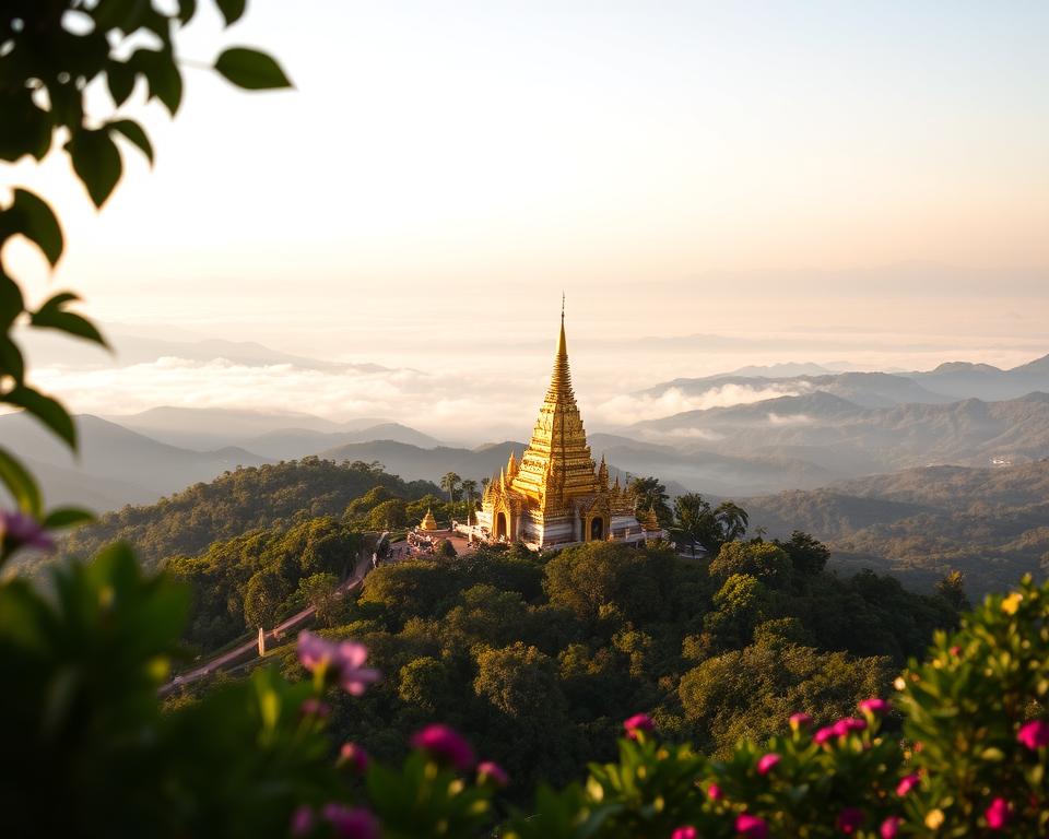 A panoramic view from the viewpoint at Doi Suthep in Thailand, capturing the breathtaking landscape below. In the foreground, lush green foliage frames the scene, with vibrant flowers adding color. The middle ground showcases the iconic Wat Phra That Doi Suthep temple, its gleaming golden chedi glinting in the sunlight. The background reveals the rolling hills and valleys of Chiang Mai, with layers of mist softly enveloping distant mountains. Golden hour lighting bathes the landscape in warm, soft hues, evoking a serene and tranquil atmosphere. The angle is slightly elevated, creating depth and inviting the viewer to explore the majestic beauty of this sacred site and its surroundings. The overall mood is peaceful and awe-inspiring, perfect for appreciating the scenic splendor of the area.