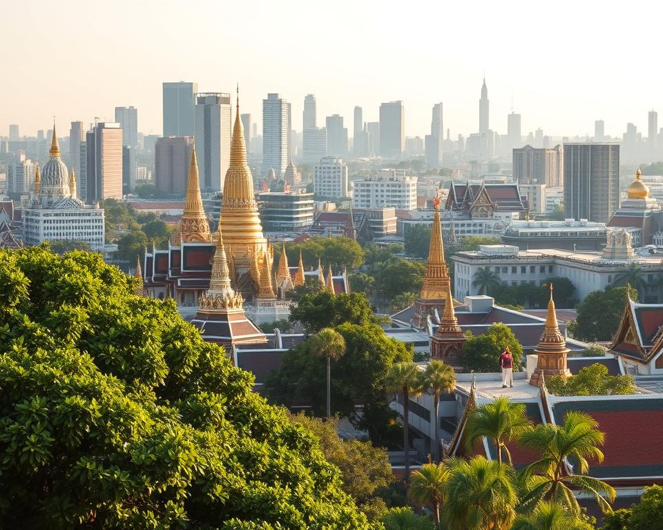 A panoramic view of Bangkok showcasing its vibrant urban landscape. In the foreground, lush tropical greenery and traditional Thai architecture blend harmoniously. The middle ground features iconic landmarks like the Grand Palace and Wat Arun, adorned with intricate details under the warm glow of sunset. In the background, the bustling skyline reveals modern skyscrapers that contrast with the historical temples, symbolizing the fusion of tradition and progress. Soft, golden daylight casts long shadows creating a serene yet dynamic atmosphere. The scene is captured from a slightly elevated angle, providing depth to the view, enhanced by a shallow depth of field to emphasize the architectural details while subtly blurring the distant skyline. The mood conveys a sense of adventure and discovery, perfect for group travels in Thailand. A panoramic view of Bangkok showcasing its vibrant urban landscape. In the foreground, lush tropical greenery and traditional Thai architecture blend harmoniously. The middle ground features iconic landmarks like the Grand Palace and Wat Arun, adorned with intricate details under the warm glow of sunset. In the background, the bustling skyline reveals modern skyscrapers that contrast with the historical temples, symbolizing the fusion of tradition and progress. Soft, golden daylight casts long shadows creating a serene yet dynamic atmosphere. The scene is captured from a slightly elevated angle, providing depth to the view, enhanced by a shallow depth of field to emphasize the architectural details while subtly blurring the distant skyline. The mood conveys a sense of adventure and discovery, perfect for group travels in Thailand.
