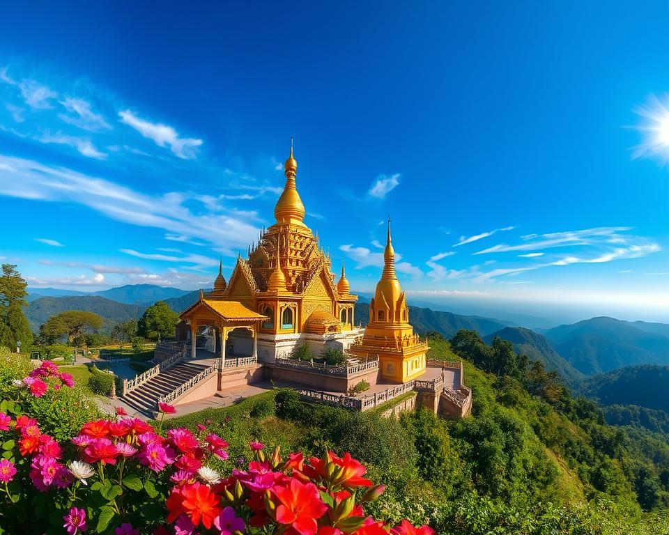 A panoramic view of Wat Phra That Doi Suthep, showcasing its grand architecture and intricate details. In the foreground, vibrant flowers and lush greenery surround the temple's base, adding a touch of nature. The middle section features the majestic temple structure, adorned with golden stupas and colorful Buddhist murals that reflect the rich history and legends associated with it. In the background, the mountainous landscape of northern Thailand stretches under a brilliant blue sky, with wisps of clouds adding depth. The scene is illuminated by soft, warm sunlight, casting gentle shadows that enhance the temple's ornate features. The overall mood is serene and spiritual, inviting viewers to explore the timeless beauty and cultural significance of this iconic site.