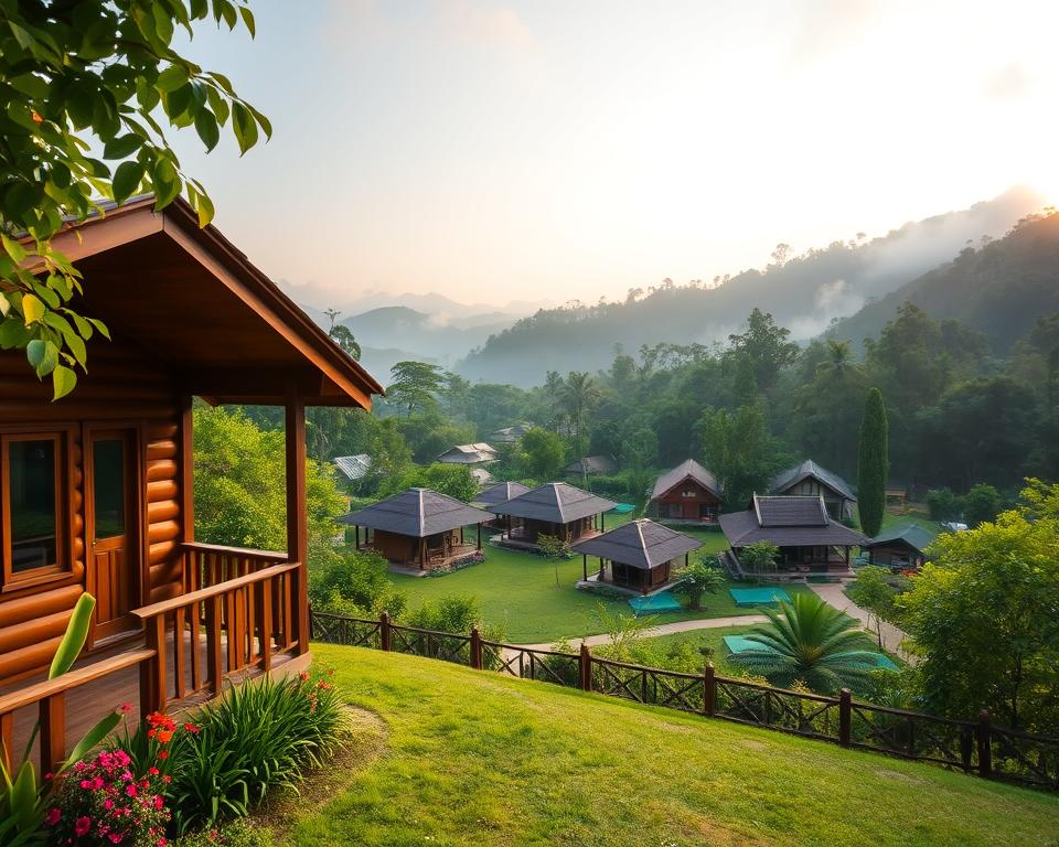 A peaceful scene showcasing accommodations near Khao Yai National Park, Thailand. In the foreground, a cozy wooden cabin with a welcoming porch surrounded by lush greenery and colorful flowers. In the middle, various types of lodgings, including boutique hotels and eco-friendly lodges, nestled among trees. In the background, dense forest hills typical of the national park, partially shrouded in mist, with a soft sunrise casting warm golden light on the landscape. The overall atmosphere conveys serenity and natural beauty, inviting visitors to relax in this tranquil setting. Use a wide-angle lens to capture the expansive view, with a shallow depth of field to highlight the cabin in the foreground, emphasizing the peaceful coexistence of nature and comfortable lodging. A peaceful scene showcasing accommodations near Khao Yai National Park, Thailand. In the foreground, a cozy wooden cabin with a welcoming porch surrounded by lush greenery and colorful flowers. In the middle, various types of lodgings, including boutique hotels and eco-friendly lodges, nestled among trees. In the background, dense forest hills typical of the national park, partially shrouded in mist, with a soft sunrise casting warm golden light on the landscape. The overall atmosphere conveys serenity and natural beauty, inviting visitors to relax in this tranquil setting. Use a wide-angle lens to capture the expansive view, with a shallow depth of field to highlight the cabin in the foreground, emphasizing the peaceful coexistence of nature and comfortable lodging.
