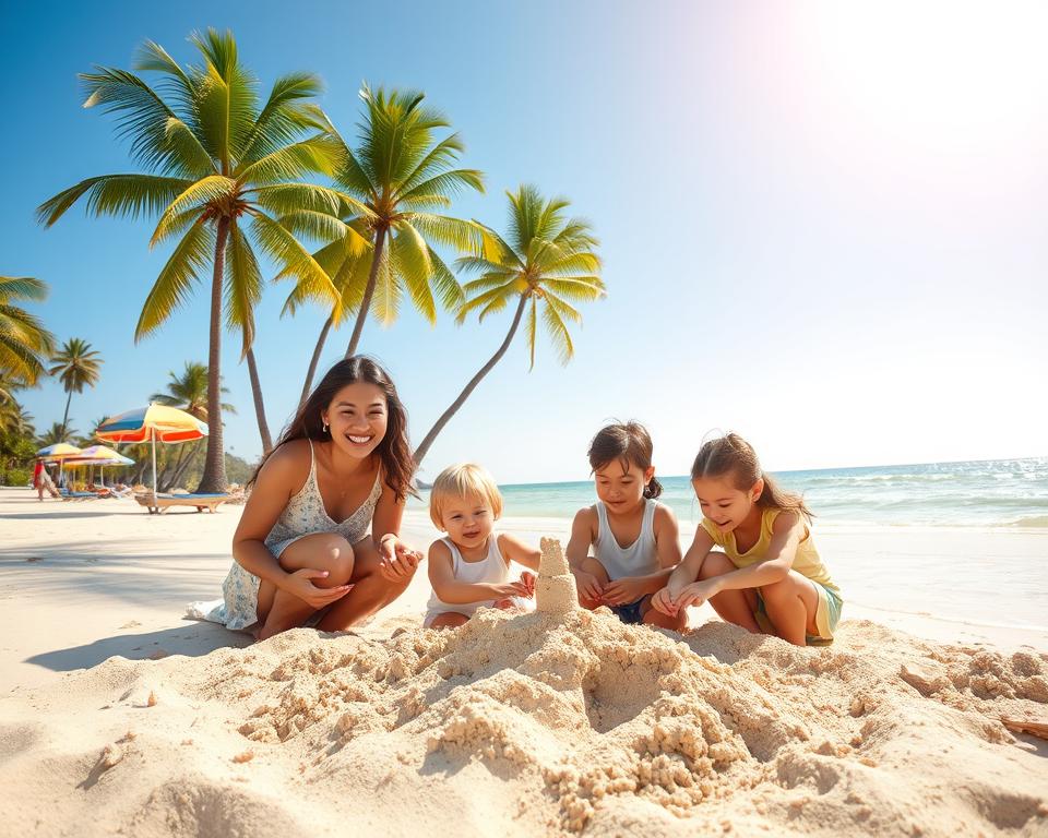 A picturesque beach scene in Thailand during the ideal travel period for families, showcasing a sunny day with clear blue skies. In the foreground, a joyful family of four—parents in modest casual clothing and two young children—play together with beach toys, building a sandcastle. The middle area features gentle waves lapping at the shore, with colorful beach umbrellas providing shade. In the background, lush green palm trees sway lightly in the breeze, and a serene view of the ocean stretches to the horizon. The warm sunlight casts a golden glow, creating a cheerful and inviting atmosphere. The overall mood is relaxing and family-friendly, perfect for illustrating a memorable family vacation.
