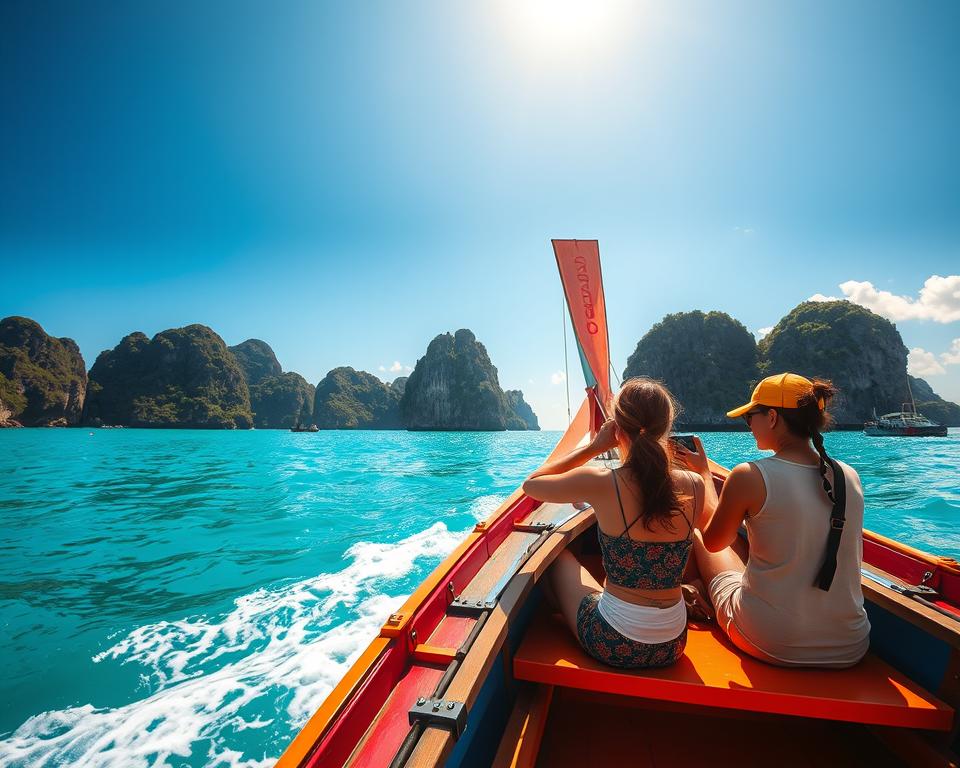 A picturesque scene capturing the essence of traveling between the beautiful islands of Thailand. In the foreground, a traditional long-tail boat gracefully cuts through the crystal-clear turquoise waters, its vibrant colors reflecting the bright sunlight. A couple of travelers, dressed in modest casual clothing, are enjoying the ride, capturing memories with their cameras. The middle ground showcases a stunning collection of rugged limestone cliffs and lush greenery typical of Thai islands, while the background reveals a shimmering ocean horizon under a clear blue sky, with a few fluffy white clouds. The lighting is warm and inviting, creating a serene, tropical atmosphere that evokes a sense of adventure and relaxation. The angle is slightly elevated, providing a panoramic view of the islands and the vibrant marine life below.