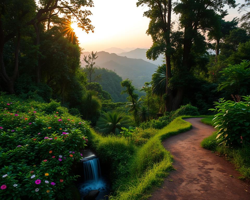 A picturesque scene from Khao Yai National Park in Thailand at dawn, showcasing the lush tropical rainforest. In the foreground, a winding path leads through a vibrant green landscape dotted with colorful wildflowers. A small waterfall cascades gently nearby, creating a serene atmosphere. In the middle ground, towering trees and rich foliage frame the scene, with glimpses of exotic birds perched on branches. The background features distant hills bathed in soft golden and pink hues as the sun rises, casting a warm glow over the entire landscape. The lighting is soft and natural, capturing the tranquility of early morning in nature. Aim for a wide-angle perspective to emphasize the grandeur of the park. Overall, the mood is peaceful and inviting, perfect for highlighting travel tips for visitors. A picturesque scene from Khao Yai National Park in Thailand at dawn, showcasing the lush tropical rainforest. In the foreground, a winding path leads through a vibrant green landscape dotted with colorful wildflowers. A small waterfall cascades gently nearby, creating a serene atmosphere. In the middle ground, towering trees and rich foliage frame the scene, with glimpses of exotic birds perched on branches. The background features distant hills bathed in soft golden and pink hues as the sun rises, casting a warm glow over the entire landscape. The lighting is soft and natural, capturing the tranquility of early morning in nature. Aim for a wide-angle perspective to emphasize the grandeur of the park. Overall, the mood is peaceful and inviting, perfect for highlighting travel tips for visitors.