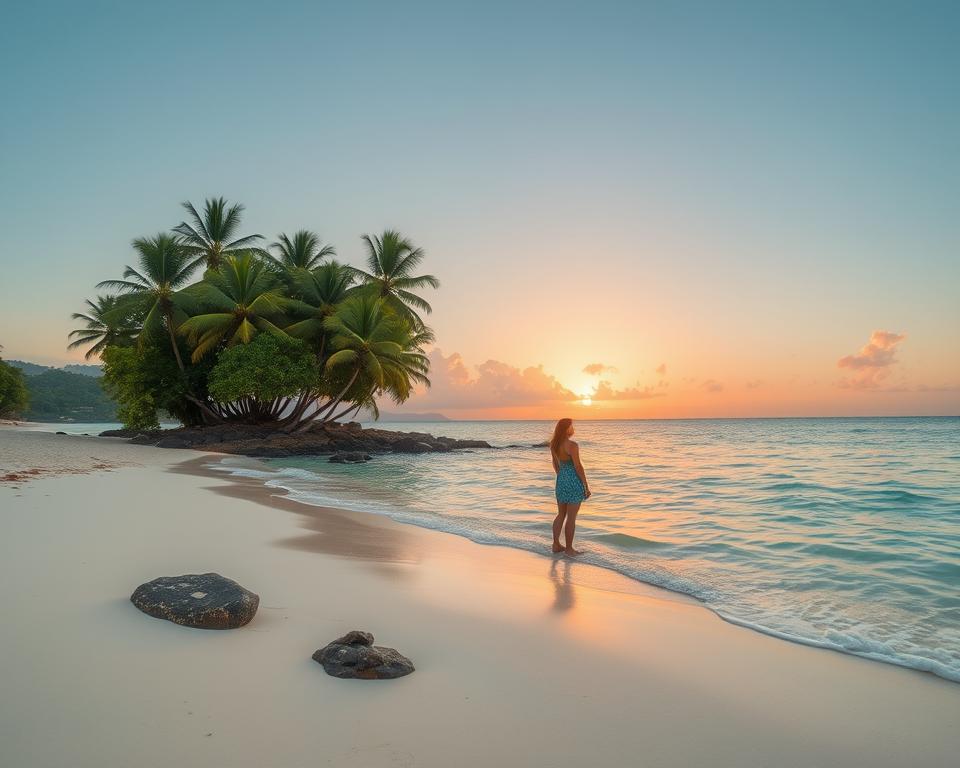 A picturesque scene of Koh Samui's beaches, featuring soft white sand gently lapping against the clear turquoise waters of the Gulf of Thailand. In the foreground, a serene beach with a few stones and gentle waves creating a peaceful atmosphere. The middle ground showcases a cluster of lush green palm trees swaying in the light breeze, with a couple of people in modest casual attire enjoying the tranquility, gazing out at the horizon. In the background, the sun sets, casting a warm golden hue across the sky, with soft pink and orange clouds reflecting on the water. The image should capture the essence of paradise, evoking relaxation and beauty, while using soft, natural lighting to enhance the tranquil mood. Use a slightly elevated angle to encompass the entire beach landscape.