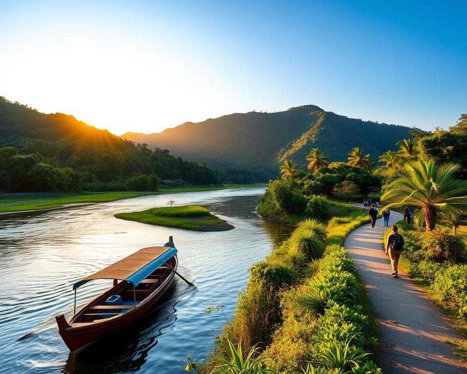 A picturesque view of Kanchanaburi, Thailand, nestled by the River Kwai, showcasing vibrant greenery and lush hills in the background. In the foreground, a wooden longtail boat glides gently across the river, reflecting the clear blue sky. A walking path lined with tropical plants runs parallel to the river, dotted with modest travelers exploring the area. The sun sets in a warm golden glow, casting soft shadows and creating a tranquil atmosphere. Photography at a slightly elevated angle emphasizes the river's winding shape and the surrounding lush landscape. The colors are bright and inviting, evoking a sense of peace and exploration in this beautiful region. The image should not include any text or watermarks.