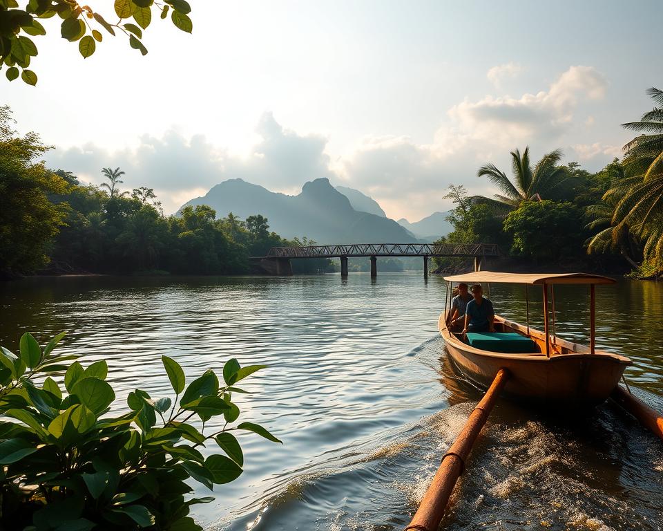 A picturesque view of the River Kwai, showcasing its lush green banks and serene waters under warm, golden sunlight. In the foreground, gentle ripples reflect surrounding tropical foliage, with a wooden long-tail boat gliding smoothly along the river. In the middle ground, a quaint bamboo bridge spans the river, with a few travelers in modest casual clothing taking in the scenery. In the background, misty mountains rise, partially obscured by soft, fluffy clouds. The atmosphere is peaceful and inviting, suggesting a stress-free journey from Germany. Use a wide-angle lens for a dramatic perspective, capturing the vibrant colors and tranquil mood of this stunning natural landscape, with soft, diffused lighting enhancing the overall warmth of the scene.