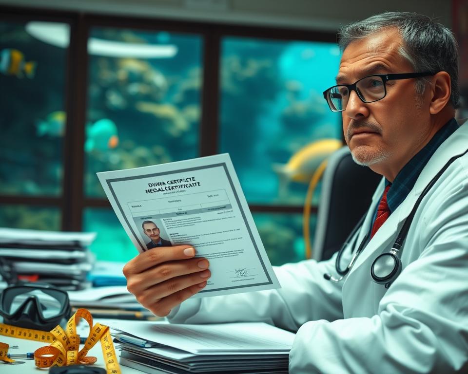 A professional dive doctor examining a scuba diving medical certificate with a stethoscope in hand, seated at a cluttered desk filled with medical files and diving equipment like masks and tanks. The background reveals a serene underwater scene through a window, featuring colorful coral reefs and fish. Soft, diffused lighting creates a calm atmosphere, highlighting the seriousness of the health examination. The foreground shows a close-up of the doctor’s serious expression, wearing a white lab coat and glasses, exuding professionalism. A measuring tape and diving gear can be subtly included for context on diving fitness. The angle captures both the doctor and the surrounding items, suggesting a thorough examination of diving eligibility. A professional dive doctor examining a scuba diving medical certificate with a stethoscope in hand, seated at a cluttered desk filled with medical files and diving equipment like masks and tanks. The background reveals a serene underwater scene through a window, featuring colorful coral reefs and fish. Soft, diffused lighting creates a calm atmosphere, highlighting the seriousness of the health examination. The foreground shows a close-up of the doctor’s serious expression, wearing a white lab coat and glasses, exuding professionalism. A measuring tape and diving gear can be subtly included for context on diving fitness. The angle captures both the doctor and the surrounding items, suggesting a thorough examination of diving eligibility.