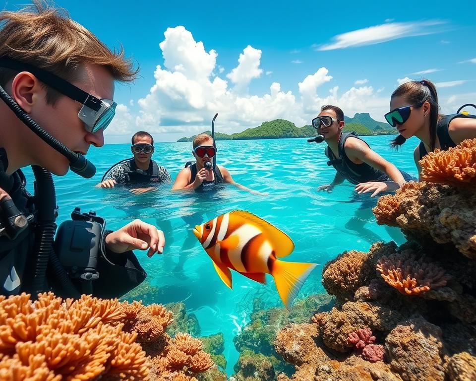 A professional diving scene in Thailand, showcasing a group of divers exploring vibrant coral reefs. In the foreground, a well-equipped diver in modest casual clothing examines a colorful tropical fish with curiosity. In the middle, a diverse group of divers, wearing snorkeling gear, interacts and points at various marine life. In the background, the sparkling turquoise waters of the Andaman Sea are dotted with lush green islands under a bright blue sky with fluffy white clouds. Soft rays of sunlight filter through the water, creating a serene and inviting atmosphere. The composition should highlight the beauty of underwater exploration while subtly hinting at the costs associated with diving in Thailand, capturing the essence of adventure and discovery. A professional diving scene in Thailand, showcasing a group of divers exploring vibrant coral reefs. In the foreground, a well-equipped diver in modest casual clothing examines a colorful tropical fish with curiosity. In the middle, a diverse group of divers, wearing snorkeling gear, interacts and points at various marine life. In the background, the sparkling turquoise waters of the Andaman Sea are dotted with lush green islands under a bright blue sky with fluffy white clouds. Soft rays of sunlight filter through the water, creating a serene and inviting atmosphere. The composition should highlight the beauty of underwater exploration while subtly hinting at the costs associated with diving in Thailand, capturing the essence of adventure and discovery.