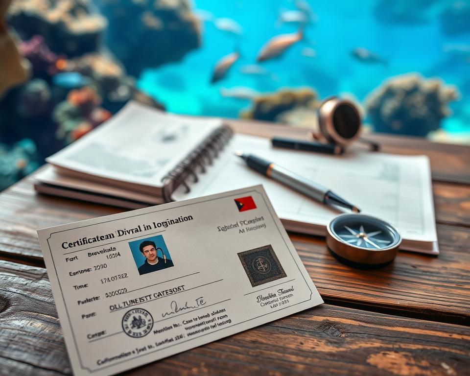 A professional-looking Brevetkarte (diving certification card) prominently displayed in the foreground, featuring distinct sections such as certification details, an official stamp, and a small photograph of a diver dressed in modest, professional diving attire. The middle ground shows a rustic wooden table with a logbook, a pen, and diving-related materials like a compass and maps, hinting at preparation for diving in Thailand. In the background, soft-focus tropical underwater scenes, showcasing colorful coral reefs and diverse marine life, create an inviting atmosphere. The lighting is bright and natural, conveying a sense of adventure and professionalism, while the overall composition is balanced and harmonious, emphasizing the hidden costs and fine details of diving certification in Thailand. A professional-looking Brevetkarte (diving certification card) prominently displayed in the foreground, featuring distinct sections such as certification details, an official stamp, and a small photograph of a diver dressed in modest, professional diving attire. The middle ground shows a rustic wooden table with a logbook, a pen, and diving-related materials like a compass and maps, hinting at preparation for diving in Thailand. In the background, soft-focus tropical underwater scenes, showcasing colorful coral reefs and diverse marine life, create an inviting atmosphere. The lighting is bright and natural, conveying a sense of adventure and professionalism, while the overall composition is balanced and harmonious, emphasizing the hidden costs and fine details of diving certification in Thailand.