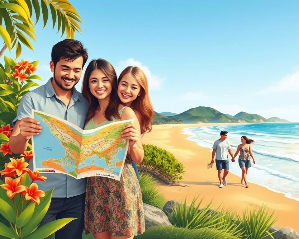 A scenic travel plan illustration for Hua Hin, Thailand, showcasing a family and couple enjoying their day. In the foreground, depict a smiling family of four, dressed in modest casual clothing, examining a colorful travel map surrounded by vibrant local flora. In the middle ground, show a romantic couple strolling hand-in-hand along a picturesque beach, with gentle waves lapping at their feet. For the background, capture the stunning Hua Hin coastline, featuring golden sand and lush green hills under a bright blue sky. Use warm, inviting lighting to create a cheerful, relaxed atmosphere, and include a slightly elevated angle to provide a sweeping view of the enchanting surroundings.