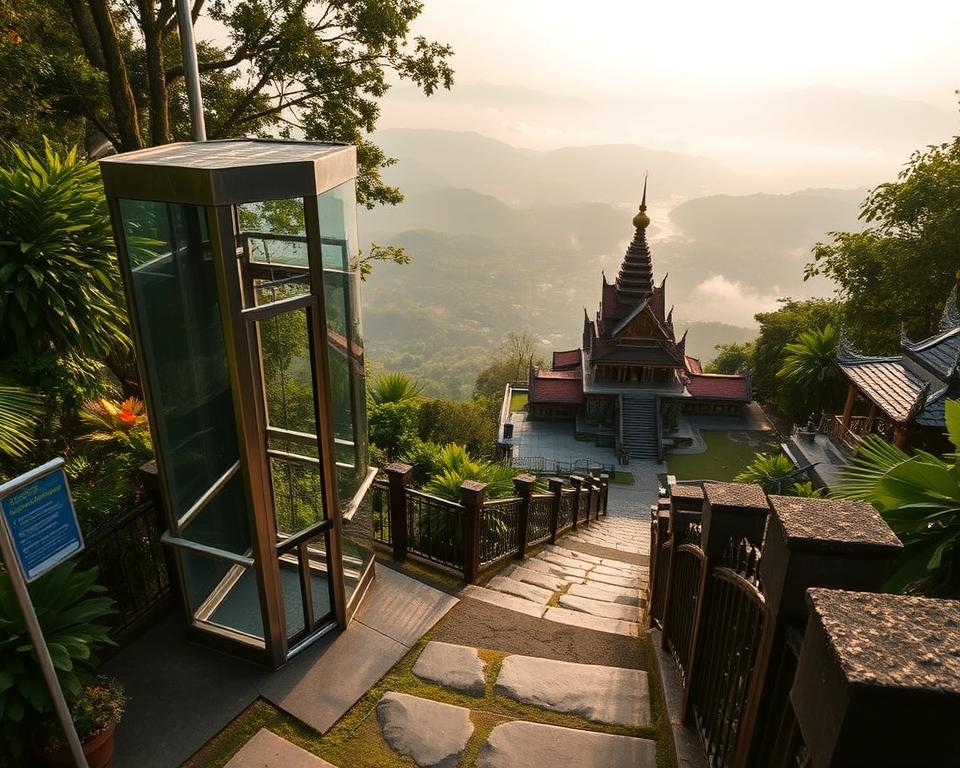 A scenic view of the Doi Suthep elevator, showcasing its modern design and accessibility features. In the foreground, the sleek glass and metal elevator rises elegantly, integrated into the lush green surroundings, emphasizing comfort and ease of access. The middle ground features stone pathways leading up towards the famous Wat Phra That Doi Suthep temple, traditional Thai architecture visible, adorned with intricate details and vibrant colors. In the background, a panoramic view of the Chiang Mai valley, framed by mist-covered mountains under soft, golden afternoon lighting. The atmosphere is serene and inviting, reflecting a blend of nature and spirituality, inviting visitors to explore with ease. The scene is captured with a wide-angle lens, highlighting depth and inviting exploration without any text or distractions.