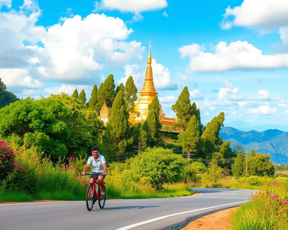 A scenic view of the journey from Chiang Mai to Doi Suthep Temple, showcasing a winding road flanked by vibrant green forests and colorful flowers. In the foreground, a gentle curve of the road leads the eye, while a local cyclist clad in modest casual clothing rides carefully along the path. The middle ground features the iconic golden chedi of Wat Phra That Doi Suthep, glistening under soft afternoon sunlight. Tall, lush trees cascade down the hills, framing the temple against a backdrop of distant mountains. The sky is a brilliant blue with fluffy white clouds, giving a serene and peaceful atmosphere to the scene. The composition captures the essence of Thai culture and the tranquil beauty of the landscape, inviting viewers to embark on this spiritual journey.