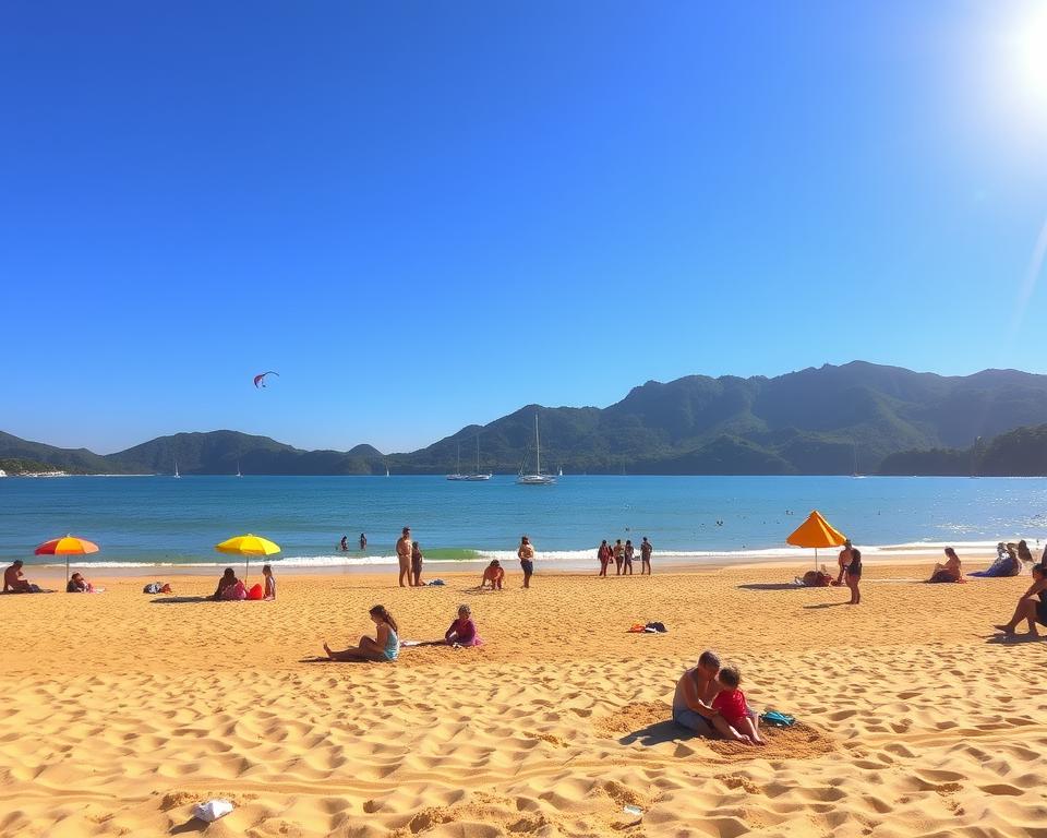 A serene beach scene in Hua Hin, Thailand, showcasing two distinct atmospheres: the lively foreground featuring families playing in the soft golden sand, building sandcastles and flying kites, with vibrant beach umbrellas dotting the area. In the middle ground, a calm expanse of gently lapping waves reflects the clear blue sky, dotted with sailboats in the distance. The background presents lush tropical greenery merging into nearby mountains under a bright, warm sun, creating a tranquil yet lively ambiance. The lighting is soft and inviting, with a warm golden glow, enhancing the peaceful atmosphere. The angle captures the beach environment from a slightly elevated perspective, providing a panoramic view that highlights both the lively beachgoers and the natural beauty of Hua Hin's coastline.