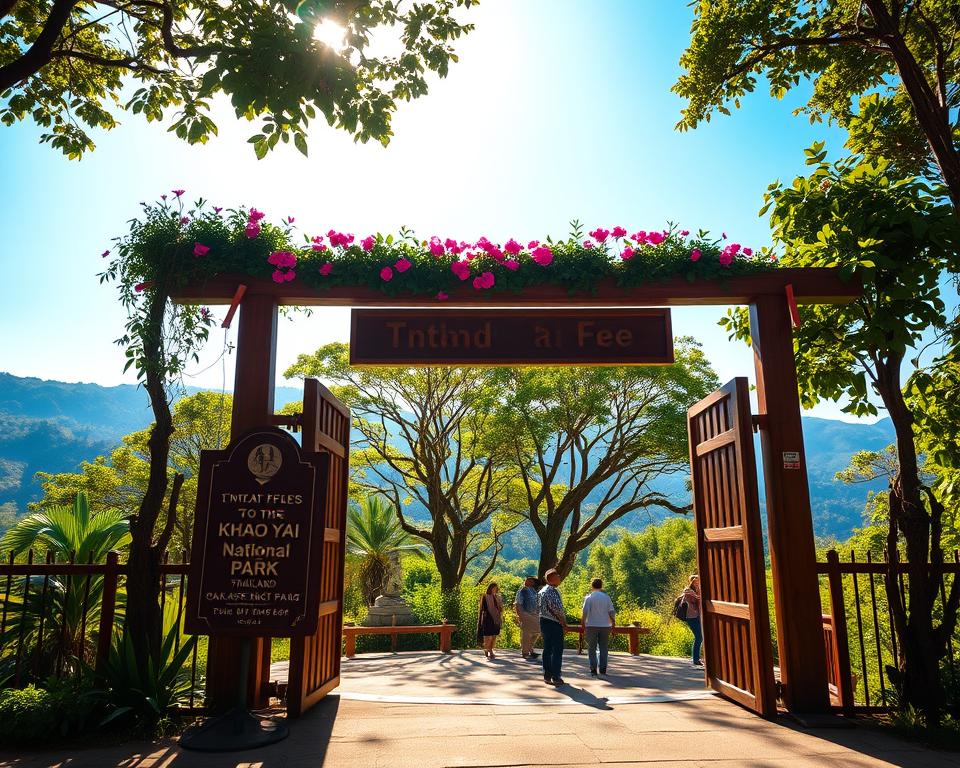 A serene entrance to Khao Yai National Park in Thailand, showcasing a beautifully crafted wooden gate adorned with local flora. In the foreground, a stylized sign displaying the entrance fee with a clear, inviting path leading into the lush greenery. The middle ground features vibrant tropical trees, hints of wildlife, and a few visitors dressed in modest casual clothing enjoying the scenery. The background reveals rolling hills under a bright blue sky, with soft, golden sunlight filtering through the leaves, creating dappled shadows. Capture this scene from a slightly elevated angle to give a sense of depth, emphasizing the tranquility and natural beauty of the park. The overall mood is peaceful and inviting, encouraging exploration. A serene entrance to Khao Yai National Park in Thailand, showcasing a beautifully crafted wooden gate adorned with local flora. In the foreground, a stylized sign displaying the entrance fee with a clear, inviting path leading into the lush greenery. The middle ground features vibrant tropical trees, hints of wildlife, and a few visitors dressed in modest casual clothing enjoying the scenery. The background reveals rolling hills under a bright blue sky, with soft, golden sunlight filtering through the leaves, creating dappled shadows. Capture this scene from a slightly elevated angle to give a sense of depth, emphasizing the tranquility and natural beauty of the park. The overall mood is peaceful and inviting, encouraging exploration.