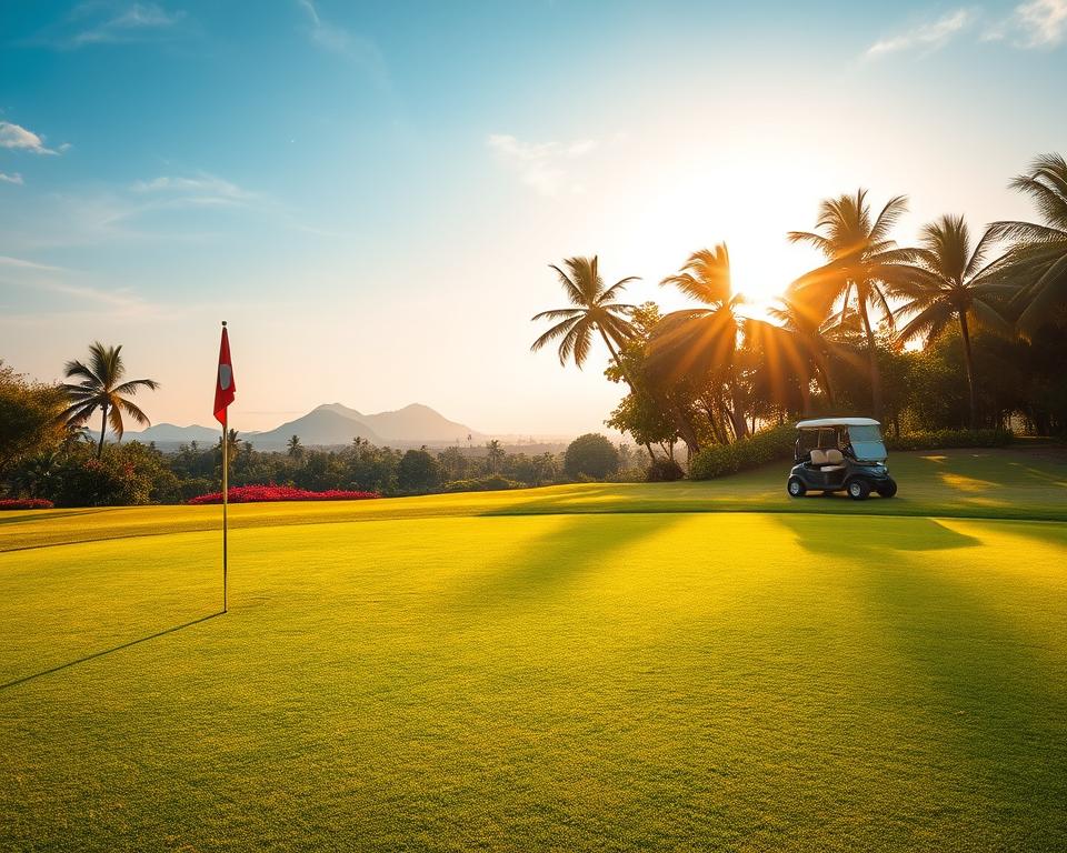 A serene golf course in Hua Hin, Thailand, with lush green fairways stretching toward the horizon. In the foreground, a well-maintained putting green with a flag gently fluttering in the light breeze. The middle ground features an elegant golf cart parked near the tee boxes, surrounded by vibrant tropical flowers and palm trees. In the background, a picturesque view of the mountains under a clear blue sky with soft, warm sunlight casting gentle shadows. The scene is framed by the golden hues of the late afternoon light, creating a tranquil and inviting atmosphere. Capture this idyllic golfing paradise with a wide-angle view, focusing on the natural beauty and relaxing ambiance of Hua Hin’s top golf destinations.