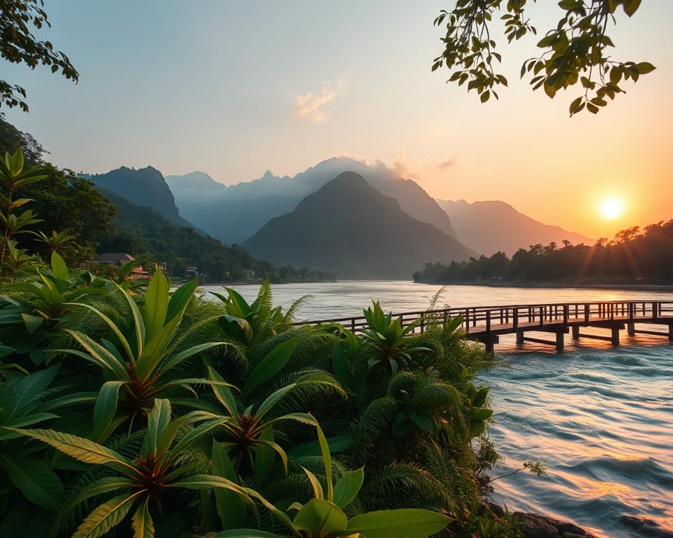A serene landscape featuring the River Kwai, showcasing its historical significance. In the foreground, a lush, green riverbank with tropical plants and ferns, gently swaying in a light breeze. The middle ground reveals the flowing waters of the river, reflecting the warm, golden light of a sunset, enhancing the tranquil atmosphere. In the background, the iconic, mist-shrouded mountains rise majestically, hinting at the region's rugged history. A wooden bridge, reminiscent of the famous bridge over the River Kwai, arcs gracefully over the water. The scene is captured with a soft focus, using a wide-angle lens to emphasize the vastness and beauty. The mood is peaceful yet reflective, inviting viewers to ponder the rich history and beauty of this iconic region.