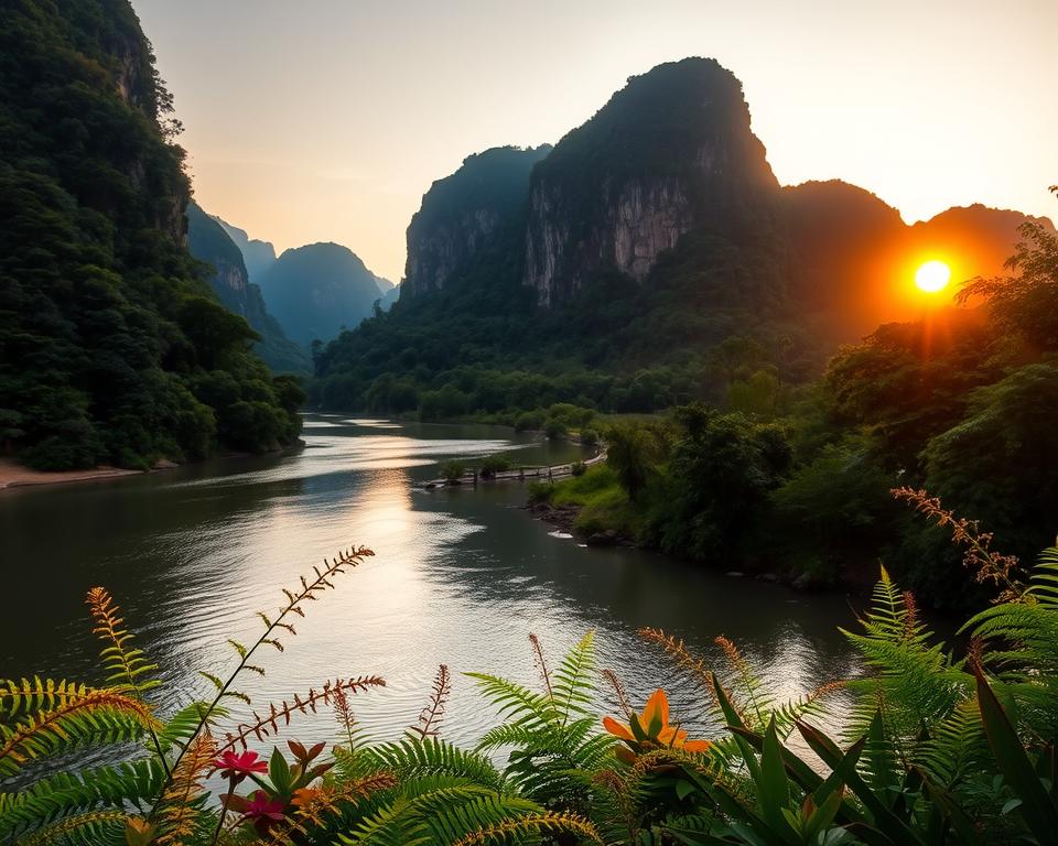 A serene landscape of the River Kwai during the golden hour, showcasing its iconic beauty. In the foreground, lush greenery with delicate ferns and vibrant flowers lining the water's edge. The middle ground features the tranquil river winding gracefully, reflecting the warm hues of a sunset which casts a golden light on the shimmering water. Towering limestone cliffs, draped in dense jungle, rise majestically in the background, their rugged textures softened by the evening light. The scene conveys a sense of peace and adventure, inviting exploration. Use a wide-angle lens to capture the expansive vista, with soft, diffused natural lighting to enhance the serene atmosphere. No human figures present to keep the focus on nature's beauty.