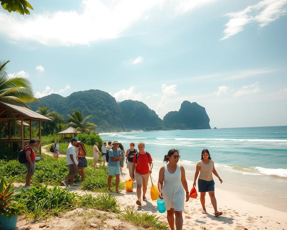 A serene, picturesque beach scene on a Thai island, showcasing sustainable tourism. In the foreground, a diverse group of tourists, dressed in modest casual clothing, engages in eco-friendly activities such as beach clean-up and nature walks. The middle ground features a lush green landscape with native flora and bamboo structures, emphasizing harmony with nature. The background presents crystal-clear waters with gentle waves and a distant view of limestone cliffs. The sky is bright and sunny, with soft white clouds, conveying a cheerful atmosphere. The lighting is warm, evoking a peaceful afternoon vibe. The angle captures the beauty and tranquility of the tropical environment, symbolizing sustainable practices in tourism.