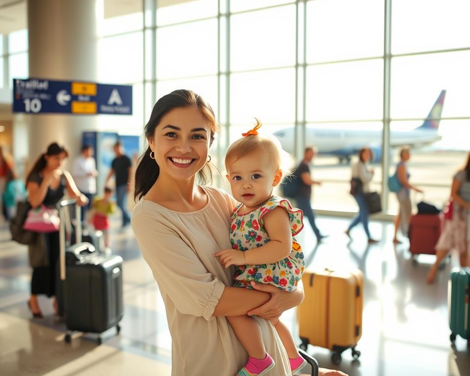 A serene scene at an airport featuring a family traveling to Thailand with a toddler. In the foreground, a smiling mother in a modest casual outfit is holding her little child, who is wearing a colorful but tasteful travel outfit. The middle ground shows the bustling airport environment with rolling luggage, informational signs, and other families preparing for their journey. In the background, large windows reveal a bright, sunny day outside, where an airplane is parked, symbolizing the journey ahead. Natural light floods the scene, highlighting the family's joyful anticipation and excitement. The atmosphere is warm and inviting, reflecting the beginning of a family adventure.