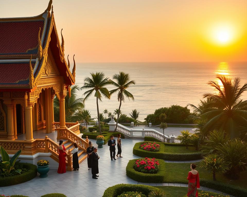 A serene scene capturing the royal heritage of Thailand in Hua Hin. In the foreground, an ornate traditional Thai temple with intricate golden details reflects the opulence of Thai culture. Nearby, elegantly dressed individuals in professional attire, depicting the royal history, are engaged in traditional ceremonies. The middle ground features lush gardens with vibrant tropical flowers and palm trees, adding an exotic touch. The background reveals the peaceful azure waters of the Gulf of Thailand, under a soft, warm sunset that bathes the scene in golden light, creating a tranquil and majestic atmosphere. The composition should be framed with a slightly elevated angle, enhancing the sense of grandeur and serenity, while maintaining clarity and focus on the cultural elements of Hua Hin.